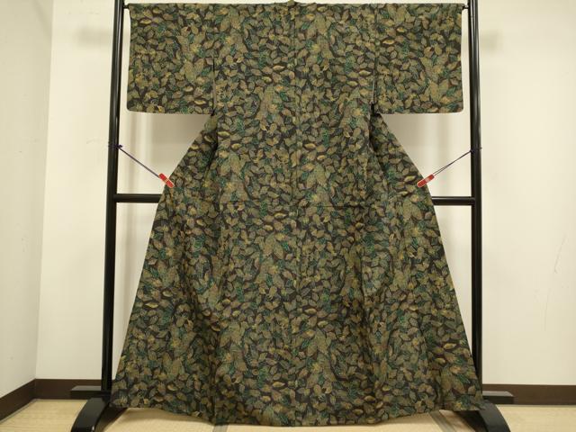 平和屋着物▽上質な紬 単衣 舞葉文 正絹 逸品 DABH4585du