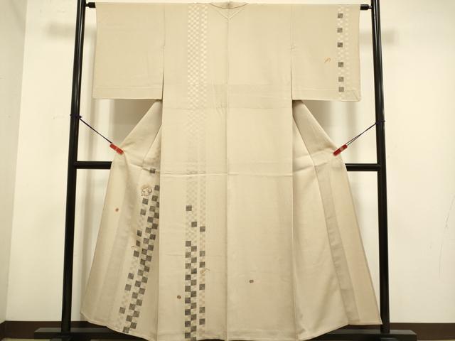 平和屋着物▽訪問着 単衣 紬地 竹屋町刺繍 市松間道 宝尽くし 正絹 逸品 DABH4590du