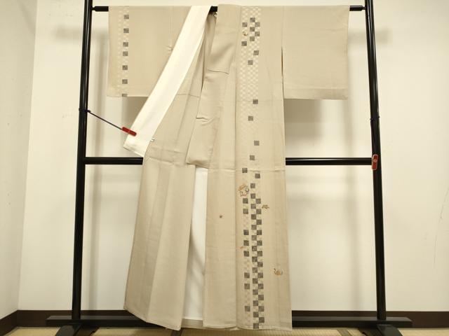 平和屋着物▽訪問着 単衣 紬地 竹屋町刺繍 市松間道 宝尽くし 正絹 逸品 DABH4590du