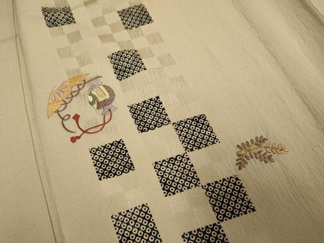 平和屋着物▽訪問着 単衣 紬地 竹屋町刺繍 市松間道 宝尽くし 正絹 逸品 DABH4590du