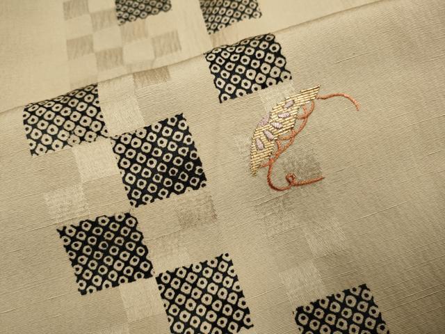 平和屋着物▽訪問着 単衣 紬地 竹屋町刺繍 市松間道 宝尽くし 正絹 逸品 DABH4590du