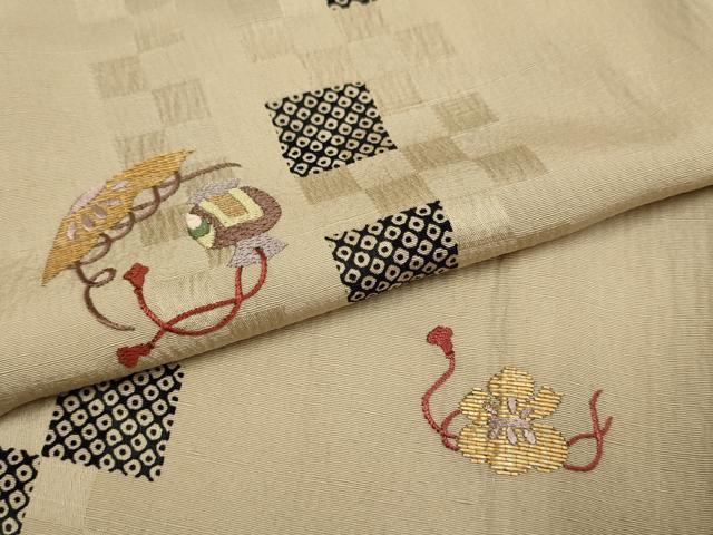 平和屋着物▽訪問着 単衣 紬地 竹屋町刺繍 市松間道 宝尽くし 正絹 逸品 DABH4590du