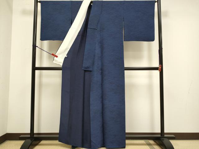 平和屋着物▽上質な小紋 単衣 古庄紀治 藍染め 吹き寄せ梅文 伊と幸 証紙付き 正絹 逸品 DABH4592du