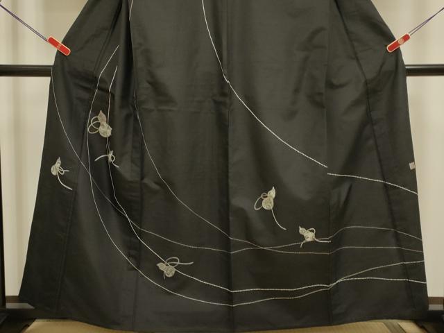 平和屋着物▽訪問着 単衣 紬地 作家物 刺子 瓢箪 黒地 正絹 逸品 未使用 DABH4598du