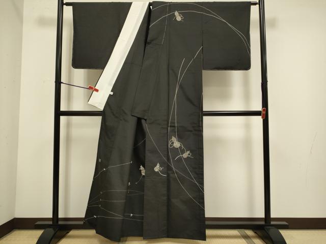 平和屋着物▽訪問着 単衣 紬地 作家物 刺子 瓢箪 黒地 正絹 逸品 未使用 DABH4598du