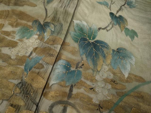 平和屋着物▽訪問着 無双 紗袷 紗×紗 葡萄蔦の葉文 暈し染め 金彩 正絹 逸品 DABH4604du