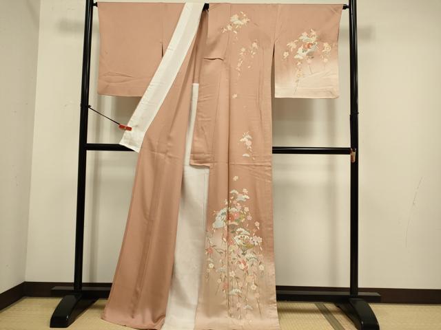 平和屋着物▽訪問着 単衣 扇花蝶文 暈し染め 金彩 ロング丈 正絹 逸品 DABH4611du