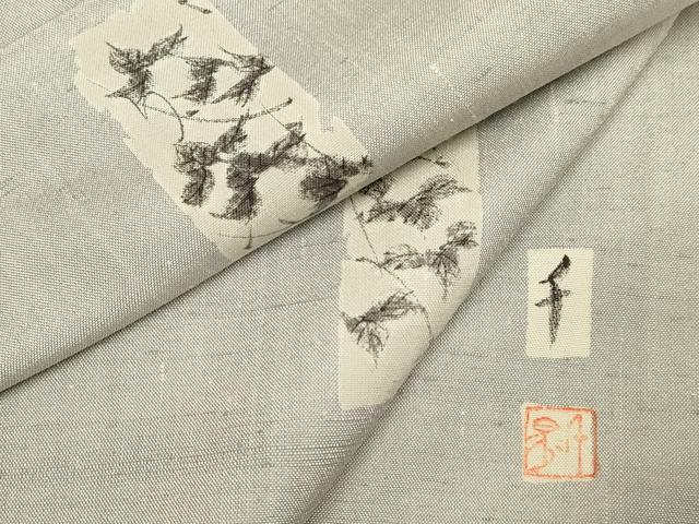 平和屋着物▽上質な紬 単衣 作家物 手描き 短冊蔦の葉文 正絹 逸品 DABH4661du