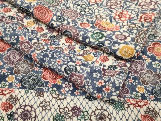 平和屋着物▽上質な小紋 単衣 型染 横段梅文 鬼しぼ縮緬 正絹 逸品 DABH4683du