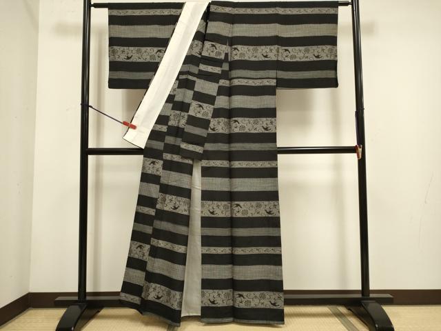 平和屋着物▽上質な紬 単衣 横段花鳥文 正絹 逸品 DABH4693du