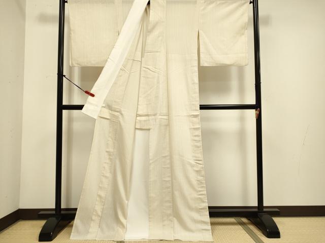 平和屋着物▽小千谷紬 単衣 湯揉み絹縮 縞 ロング丈 証紙付き 正絹 逸品 DABH4703du