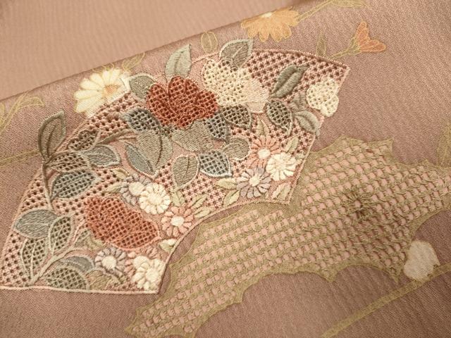 平和屋着物▽中国三大刺繍 スワトウ刺繍 汕頭刺繍 訪問着 単衣 地紙花文 正絹 逸品 DABH4711du