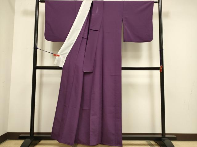 平和屋着物▽色無地 単衣 紗綾形地紋 蒲葡色 洗える着物 DABH4719du