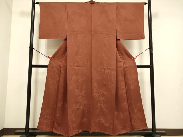 平和屋着物▽上質な色無地 単衣 草花地紋 茶色 正絹 逸品 DABH4743du
