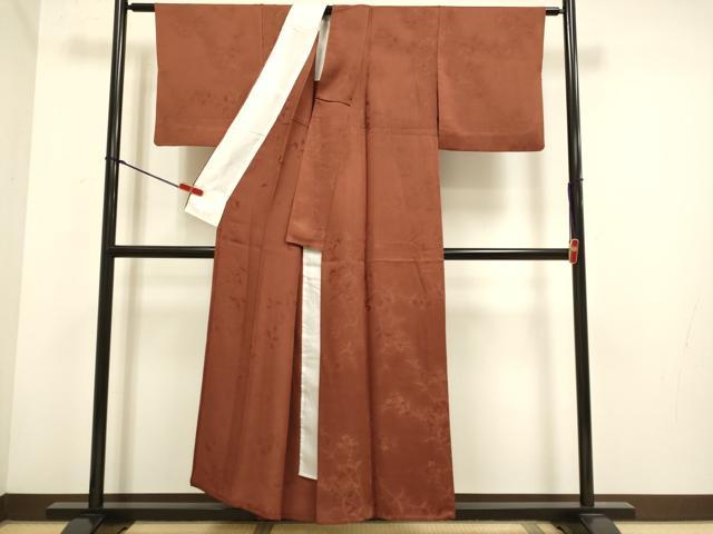 平和屋着物▽上質な色無地 単衣 草花地紋 茶色 正絹 逸品 DABH4743du
