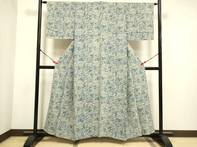 平和屋着物▽上質な小紋 単衣 藍 型染 草花文 正絹 逸品 DABH4749du