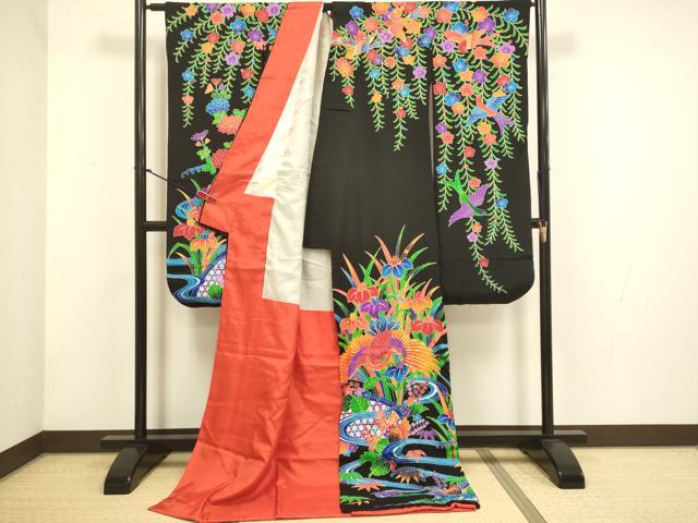 平和屋本店●お引きずり・お引き摺り・引き振袖 和装 結婚式 舞妓 芸妓 芸者 衣装 駒刺繍 型染 飛鶴流水花文 黒地 逸品 DABH4769du