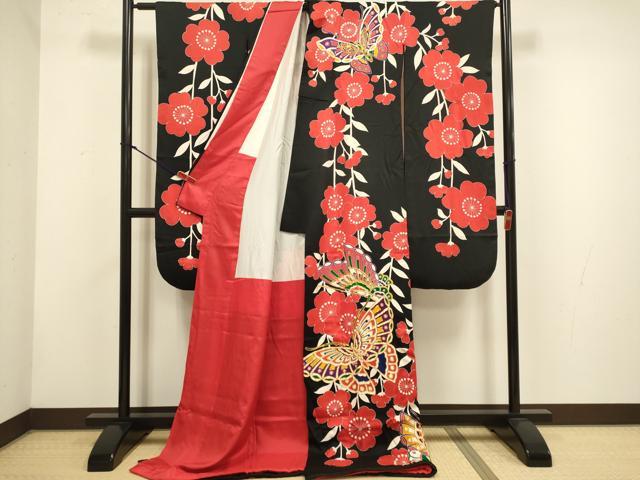 平和屋本店●お引きずり・お引き摺り・引き振袖 和装 結婚式 舞妓 芸妓 芸者 衣装 駒刺繍 枝垂れ桜舞蝶文 黒地 逸品 DABH4771du