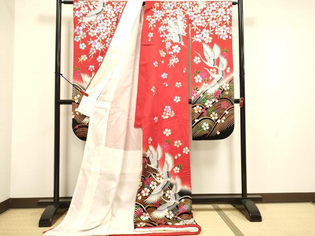 平和屋本店●お引きずり・お引き摺り・引き振袖 和装 結婚式 舞妓 芸妓 芸者 衣装 立波飛鶴舞桜文 暈し染め 金銀彩 逸品 DABH4776du