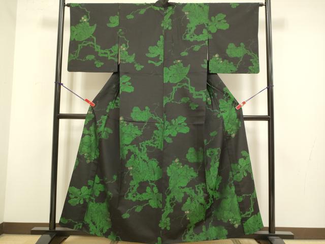 平和屋着物▽上質な紬 単衣 葡萄蔦の葉文 金糸 正絹 逸品 DABH4803du