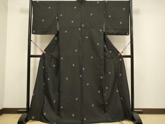 平和屋着物▽小紋 単衣 抽象間道 黒地 洗える着物 DABH4842du