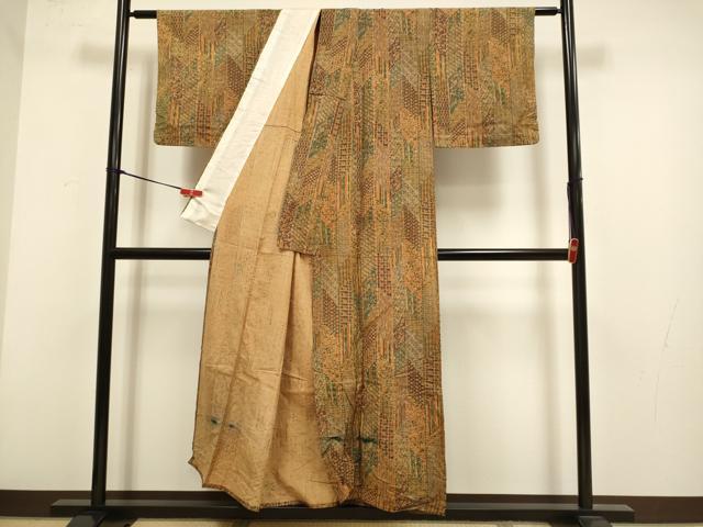 平和屋着物▽上質な小紋 単衣 紬地 古代更紗 切嵌更紗文 反端付き 正絹 逸品 DABH4855du