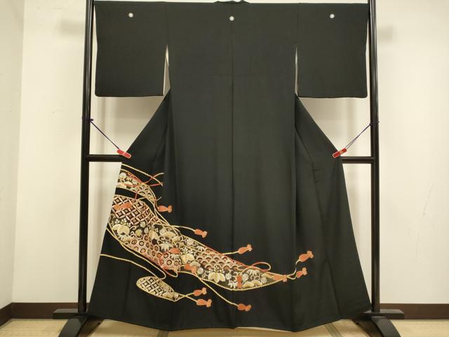 平和屋着物▼豪華黒留袖 総刺繍 結び紐吉祥花文 金糸 正絹 逸品 DABH4867du