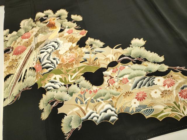 平和屋着物▼豪華黒留袖 総刺繍 尾長鳥花文 金彩 正絹 逸品 DABH4869du