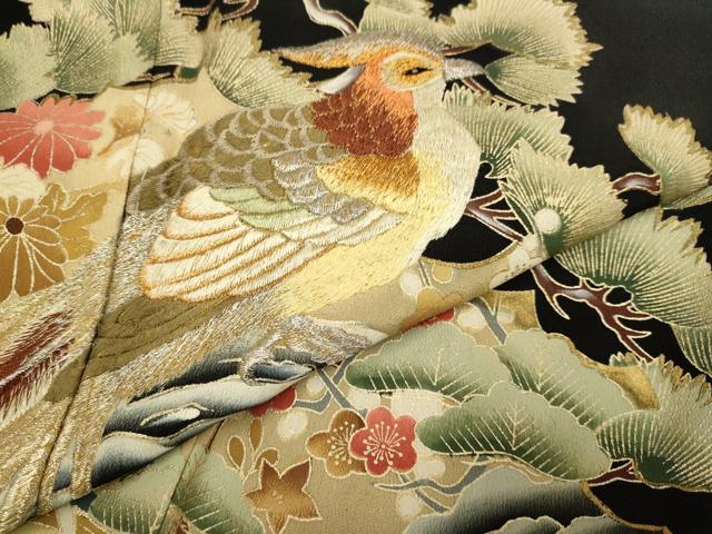平和屋着物▼豪華黒留袖 総刺繍 尾長鳥花文 金彩 正絹 逸品 DABH4869du