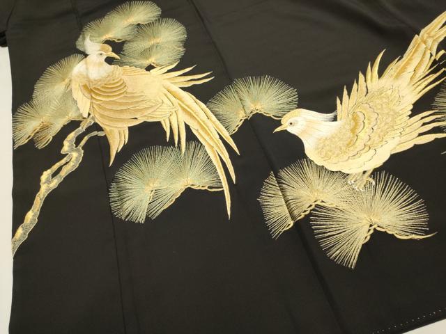 平和屋着物▼豪華黒留袖 総刺繍 尾長鳥松文 金糸 正絹 逸品 DABH4874du