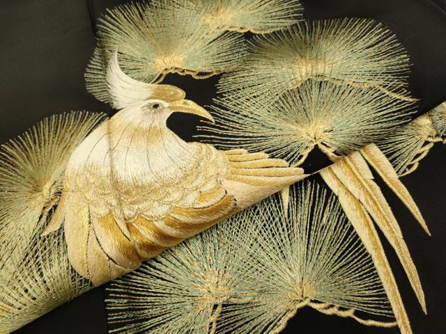 平和屋着物▼豪華黒留袖 総刺繍 尾長鳥松文 金糸 正絹 逸品 DABH4874du