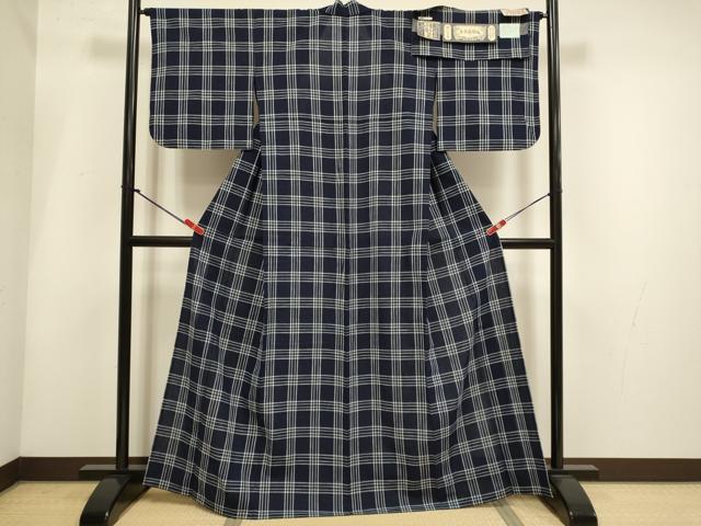 平和屋着物∴夏物 小千谷 紺仁 越後片貝木綿 小紋・浴衣兼用 格子 証紙付き 木綿 逸品 DABH4935du