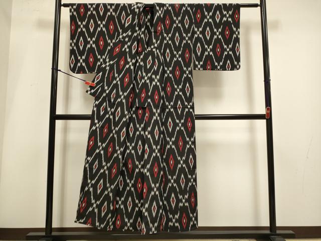 平和屋着物▽上質なお召 単衣 菱文 黒地 正絹 逸品 未使用 DABH4944du