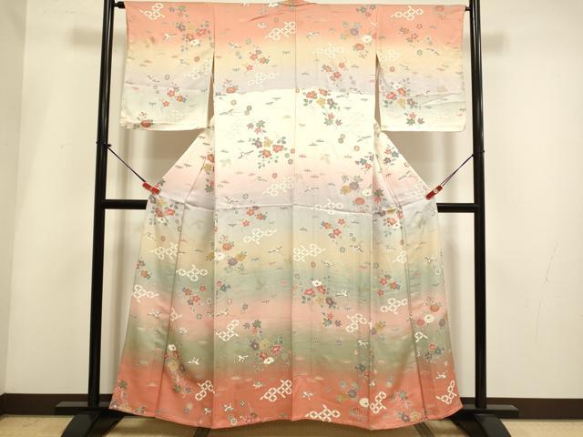 平和屋着物▽訪問着 単衣 飛鶴吉祥花文 暈し染め 金彩 正絹 逸品 DABH4946du