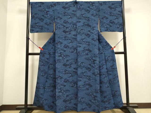 平和屋着物▽上質な小紋 単衣 藍 花鳥文 正絹 逸品 DABH4960du