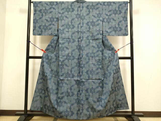 平和屋着物▽上質な紬 単衣 麻の葉文様 正絹 逸品 DABH4976du