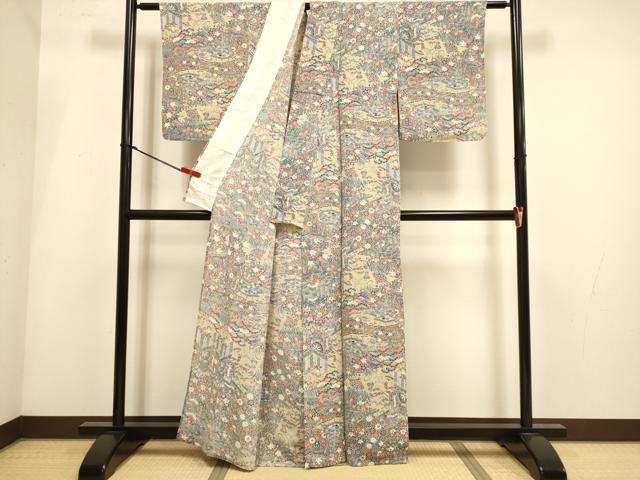 平和屋着物▽上質な小紋 単衣 型染 御所車風景花文 鬼しぼ縮緬 正絹 逸品 DABH4990du