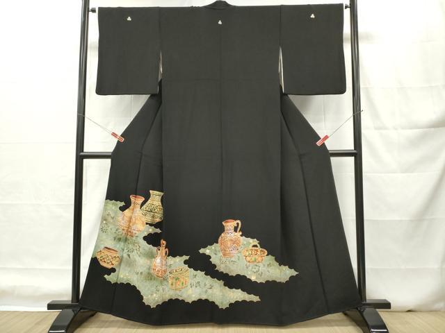 平和屋着物■豪華黒留袖 駒刺繍 陶器花文 金銀彩 正絹 逸品 DABH5023ea