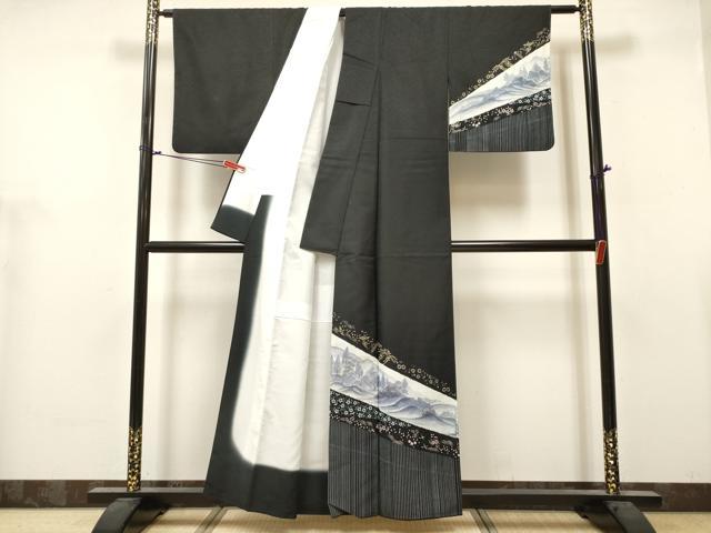 平和屋着物■訪問着 手描き 風景鳳凰花文 黒地 金彩 洗える着物 DABH5054ea