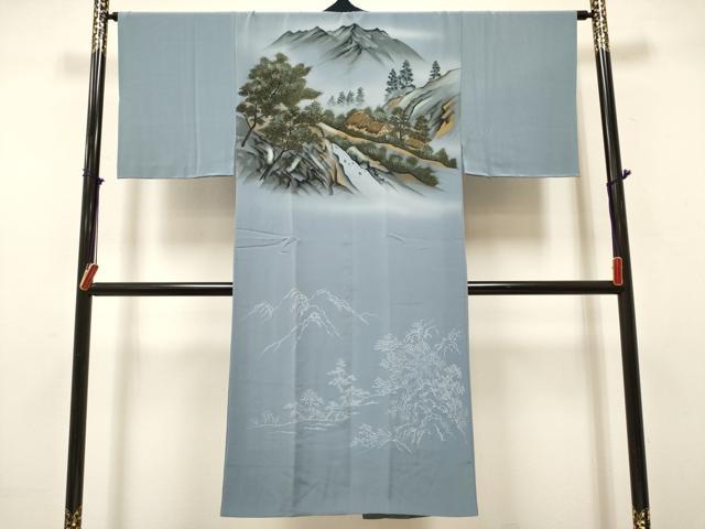 平和屋着物■男性 長襦袢 袷 手描き 風景松文 暈し染め 金彩 正絹 逸品 未使用 DABH5087ea