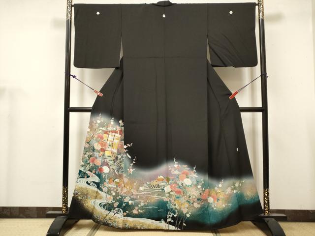平和屋着物■豪華黒留袖 作家物 駒刺繍 鴛鴦流水花文 几帳 暈し染め 金銀彩 正絹 逸品 DABH5105ea
