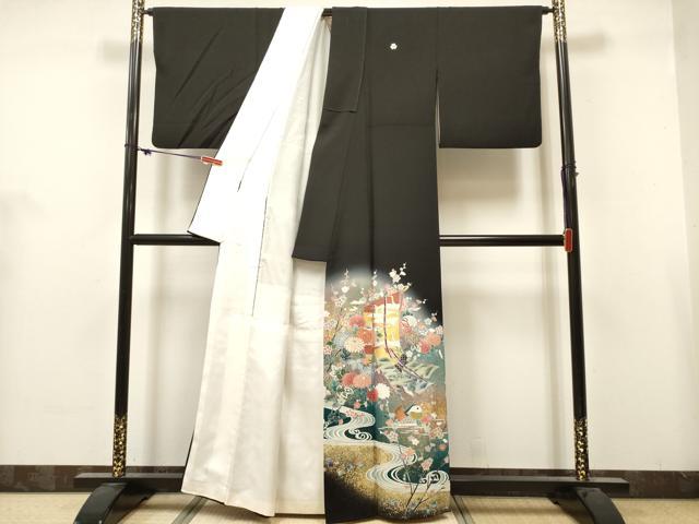 平和屋着物■豪華黒留袖 作家物 駒刺繍 鴛鴦流水花文 几帳 暈し染め 金銀彩 正絹 逸品 DABH5105ea