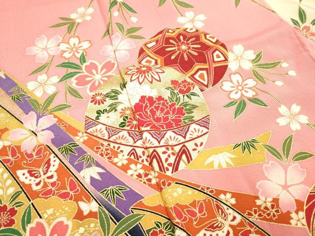 平和屋着物∵女の子 十三参り 子供 祝着 枝垂れ桜 熨斗花鞠文 暈し染め 金彩 逸品 DABH5149ea