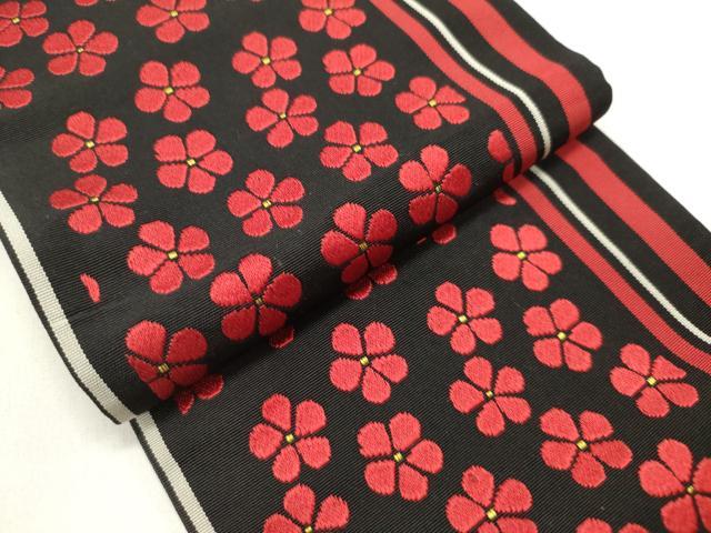平和屋着物◎本場筑前博多織 半幅帯 舞花文 黒地 正絹 逸品 DABH5367ea