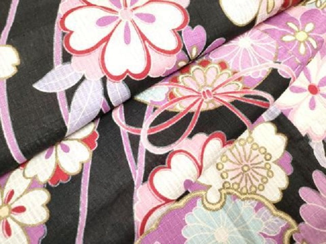 平和屋着物*夏物 綿紅梅 浴衣 女の子 御殿鞠花文 舞桜 黒地 綿 逸品 DABH5420ea