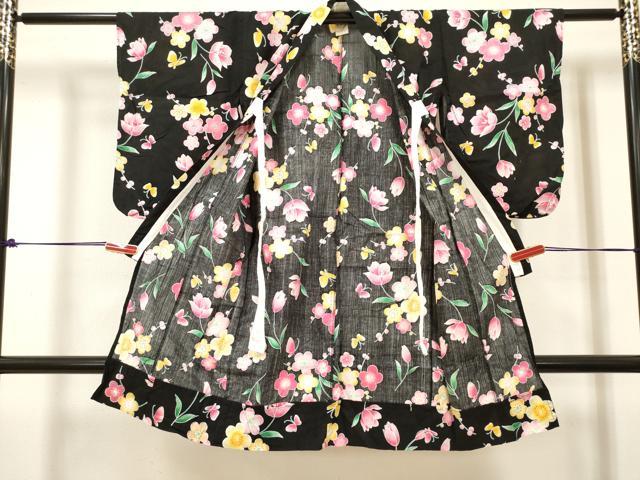 平和屋着物*夏物 浴衣 女の子 チューリップ 枝梅舞蝶文 黒地 綿 DABH5425ea