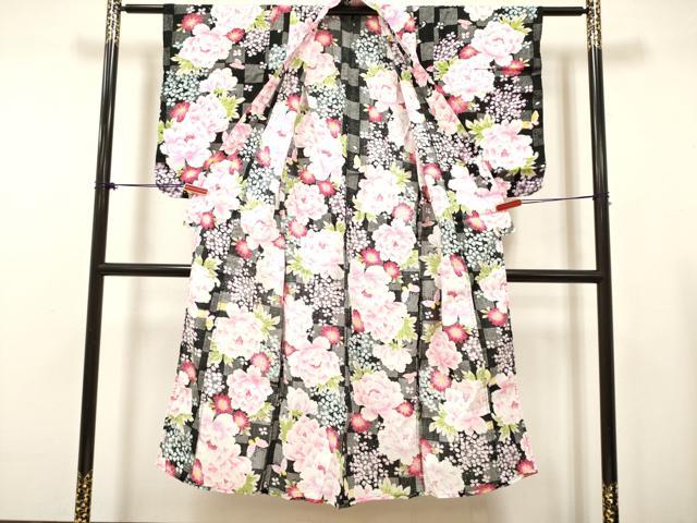 平和屋着物*夏物 綿紅梅 浴衣 女の子 牡丹花蝶文 紫陽花 アジサイ 黒地 綿 逸品 DABH5430ea