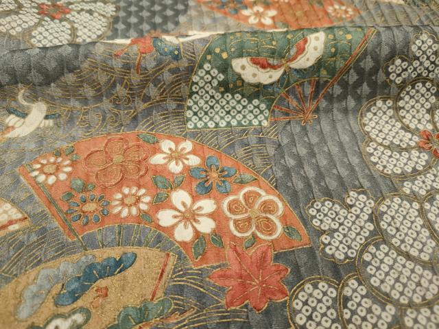 平和屋着物■小紋 扇面舞蝶花鳥文 暈し染め 金彩 ロング丈 正絹 逸品 DABH5528ya