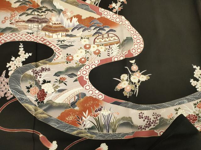 平和屋着物■豪華黒留袖 渡橋風景花文 金彩 正絹 逸品 DABH5551ya