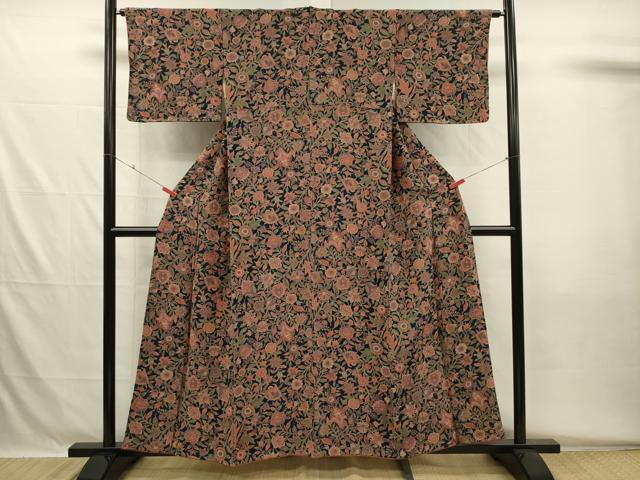 平和屋着物■上質な小紋 更紗花文 鬼しぼ縮緬 正絹 逸品 DABH5554ya